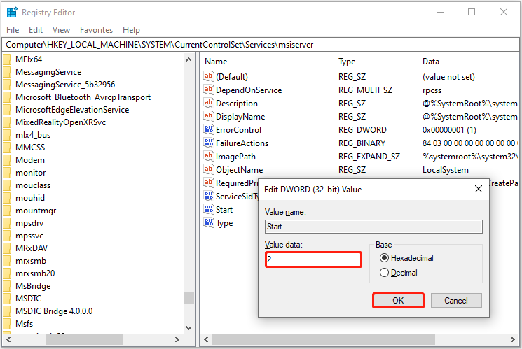 set up the value data to 2