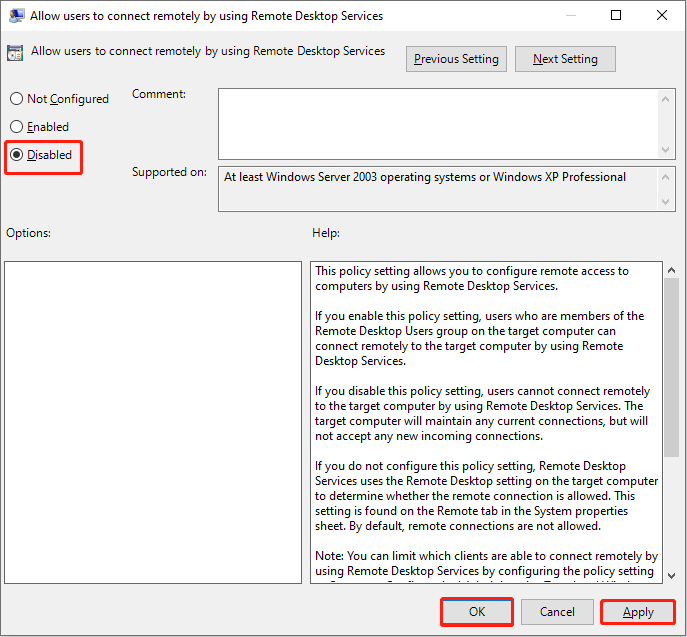 disable the corresponding policy