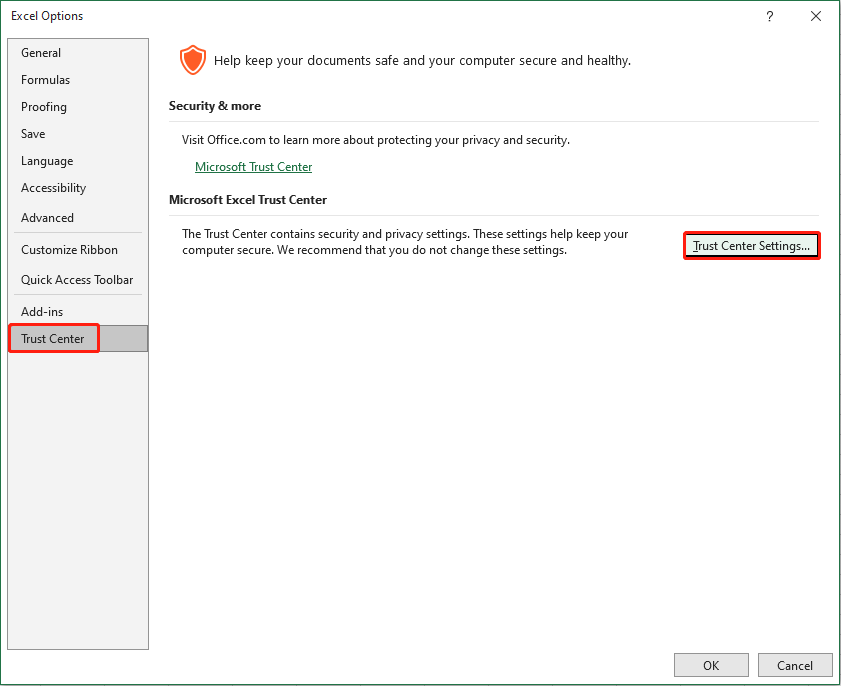 choose Trust Center Settings