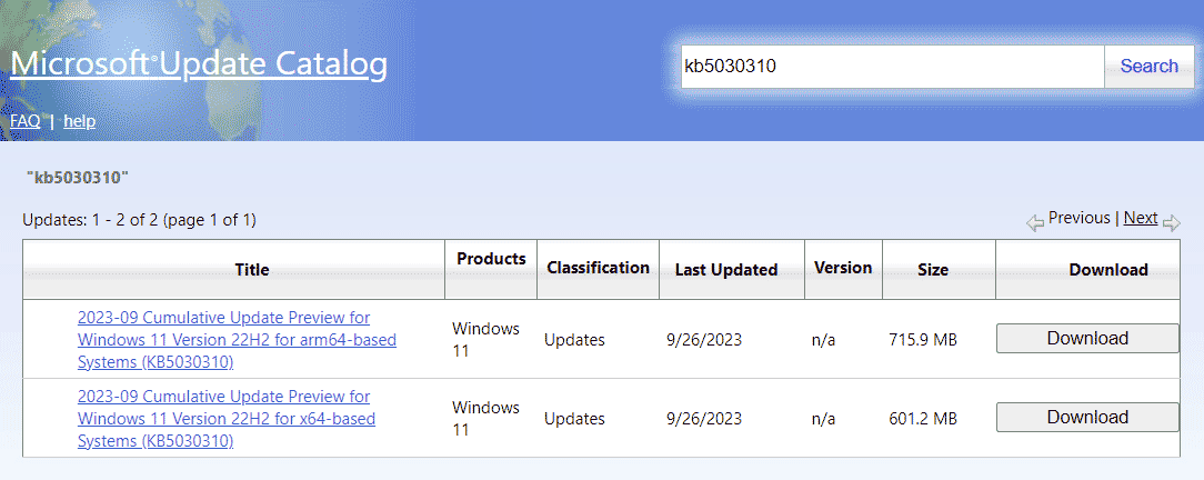 download KB5030310 in Microsoft Update Catalog