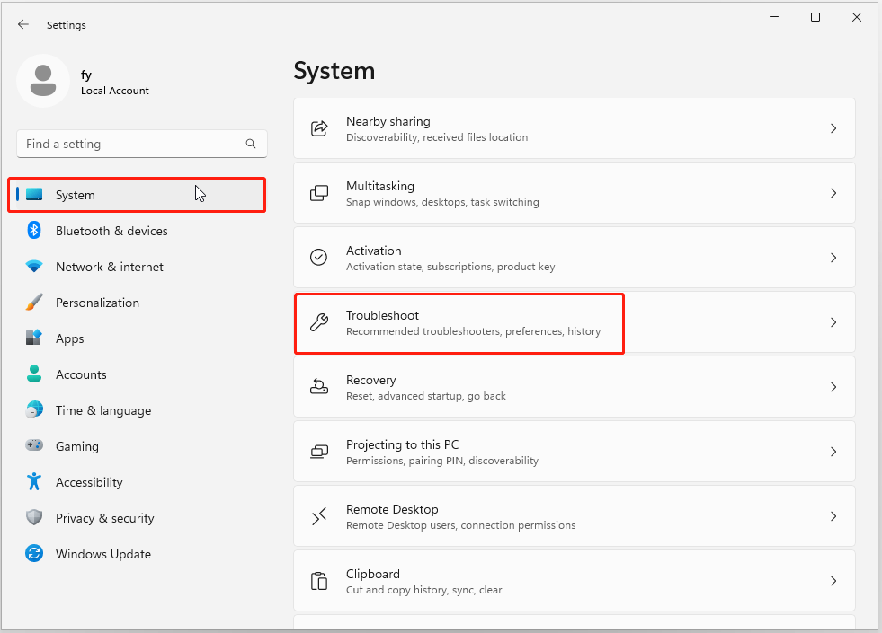 select Troubleshoot