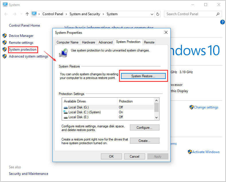 recurso de restauração do sistema