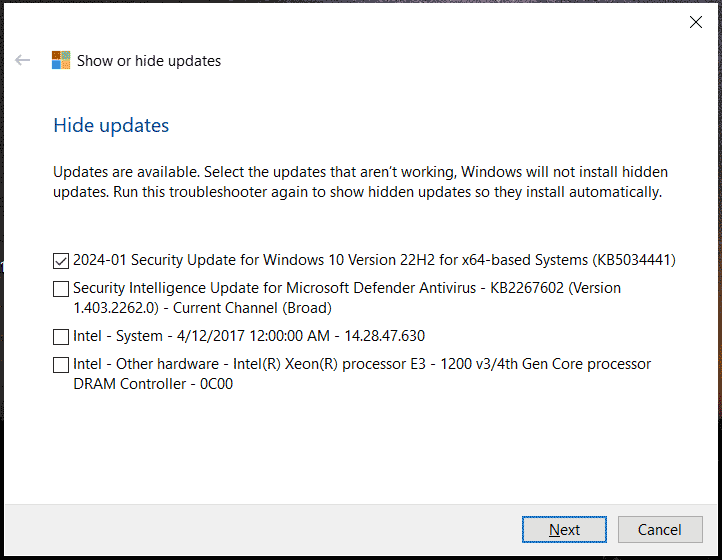 hide Windows 10 KB5034441