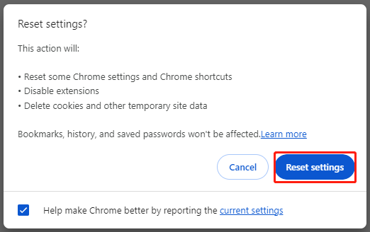 click Reset settings