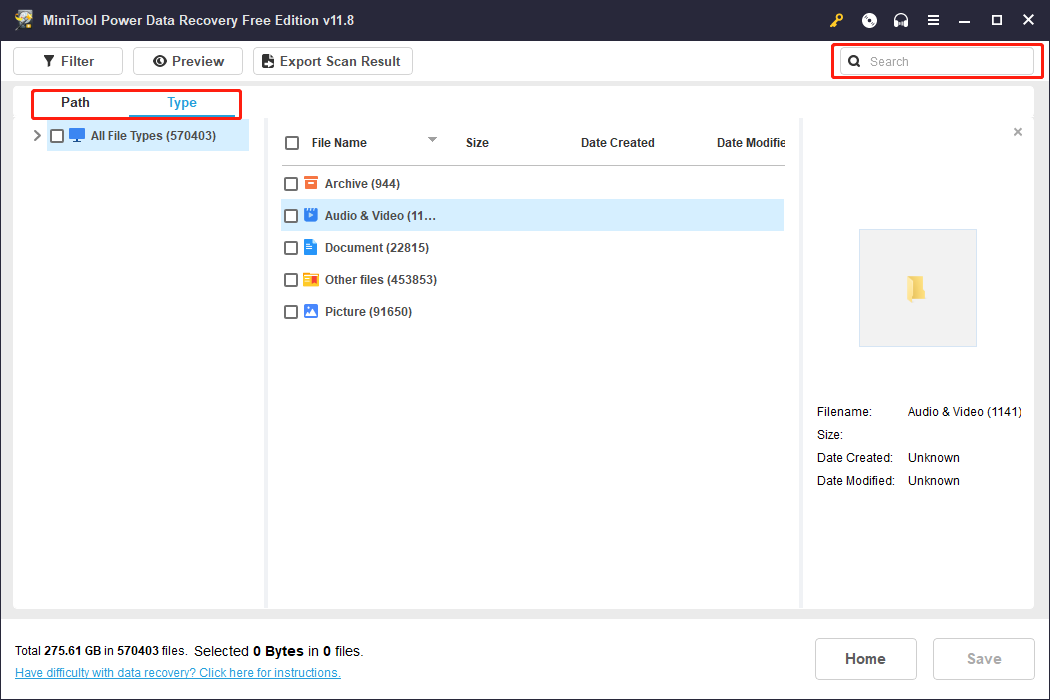 Path, Type, and Search in MiniTool Power Data Recovery