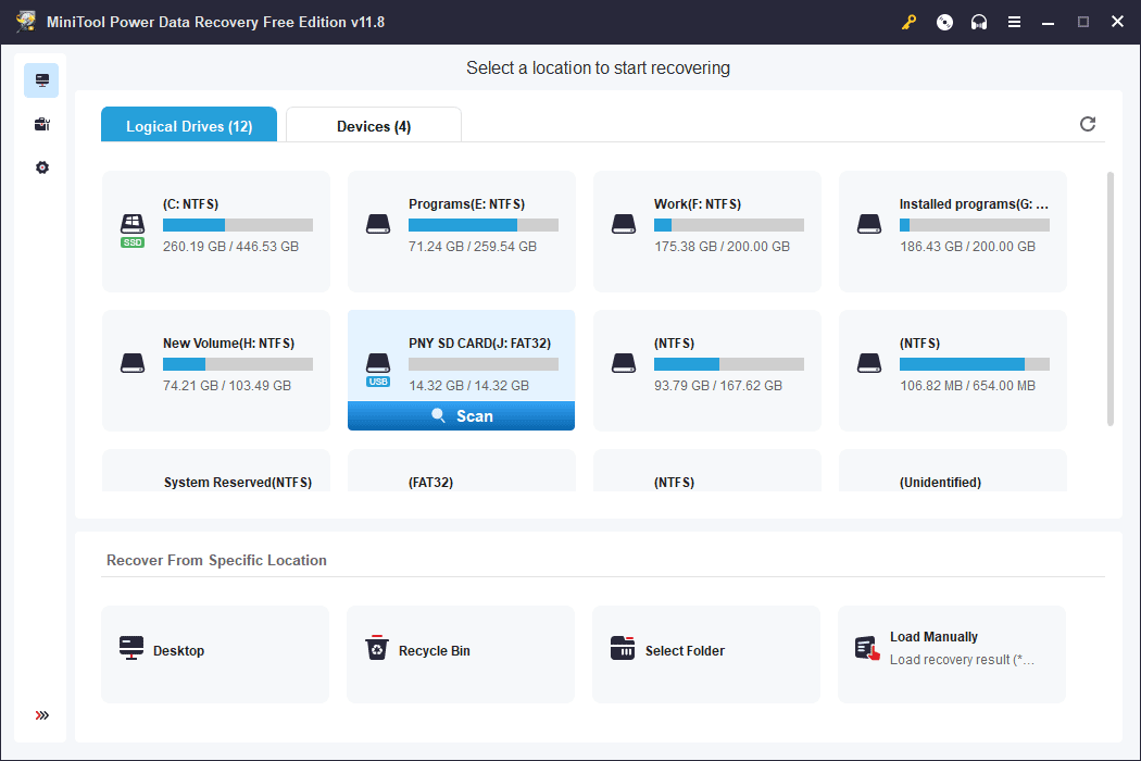 select the target drive to scan under Logical Drives