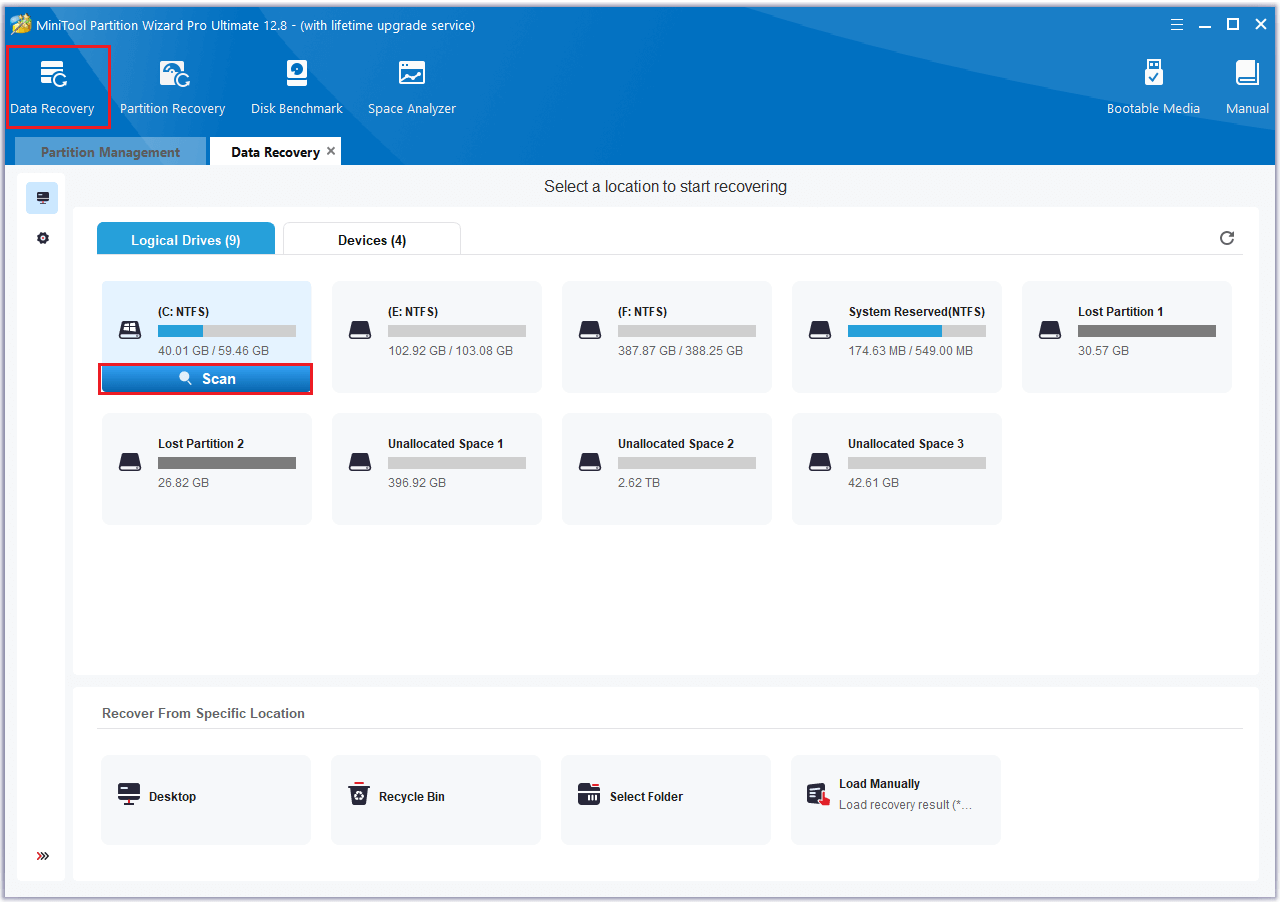 select the partition you want to recover and click Scan