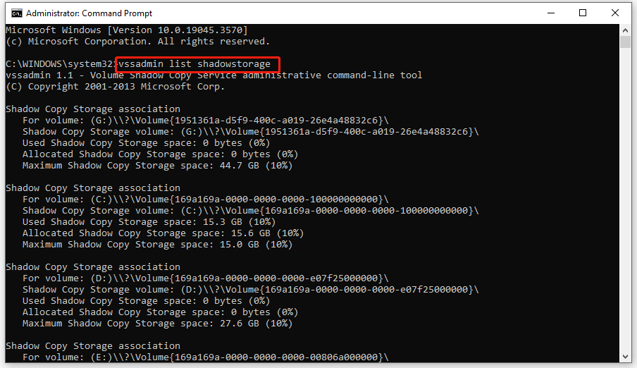 run vssadmin list shadowstorage