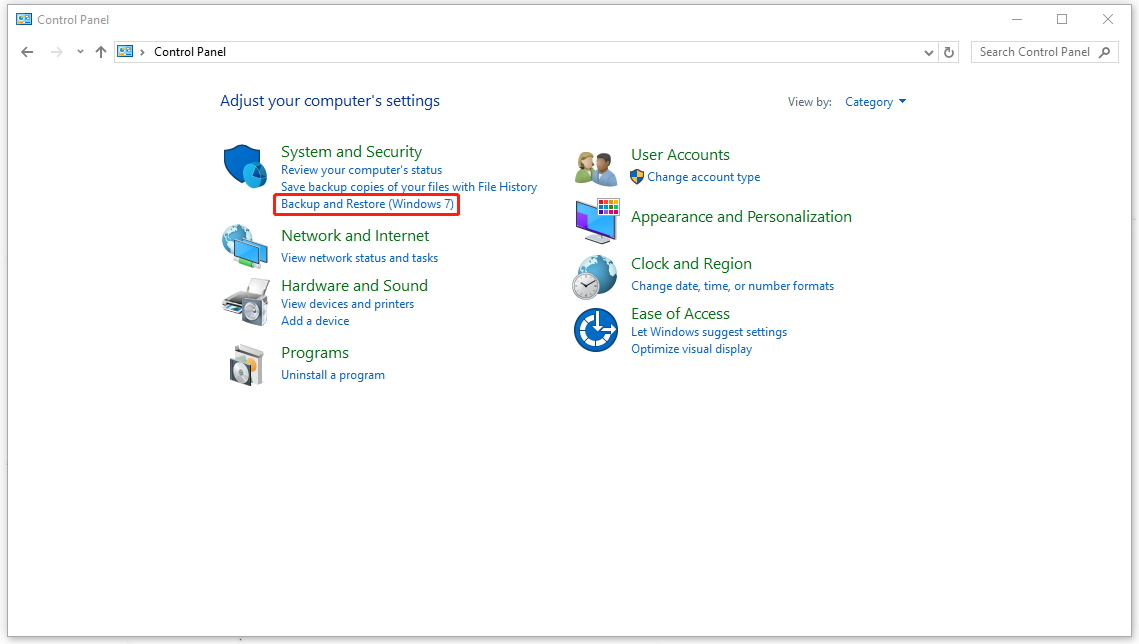 click Backup and Restore (Windows 7)