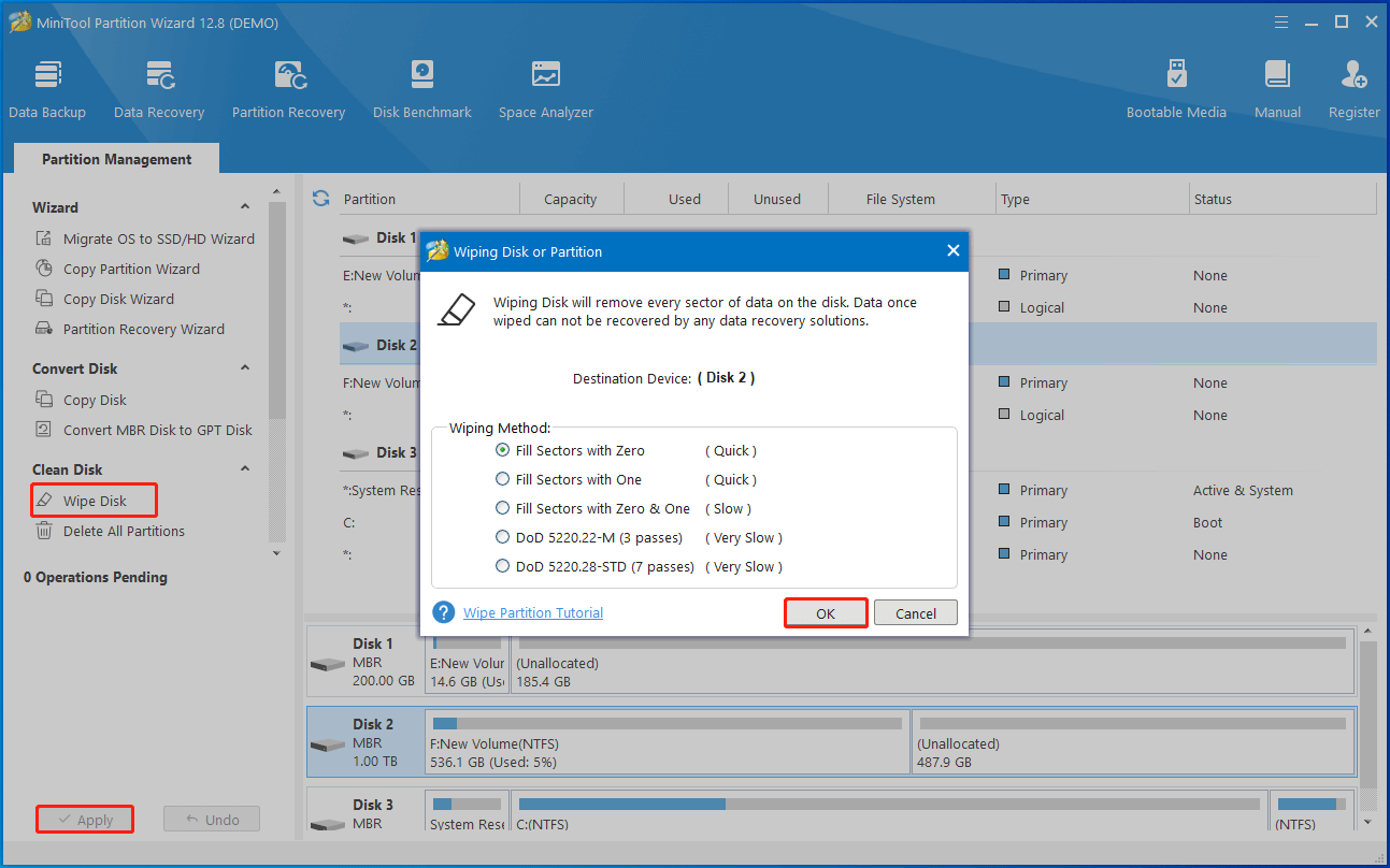 wipe the hard drive via MiniTool Partition Wizard