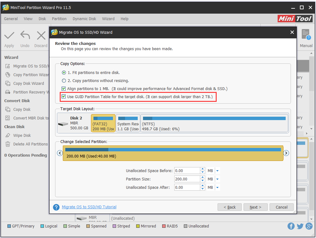 examiner les modifications sur le disque cible