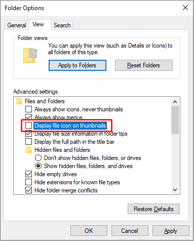 hapus centang pada ikon Tampilkan file dalam thumbnail
