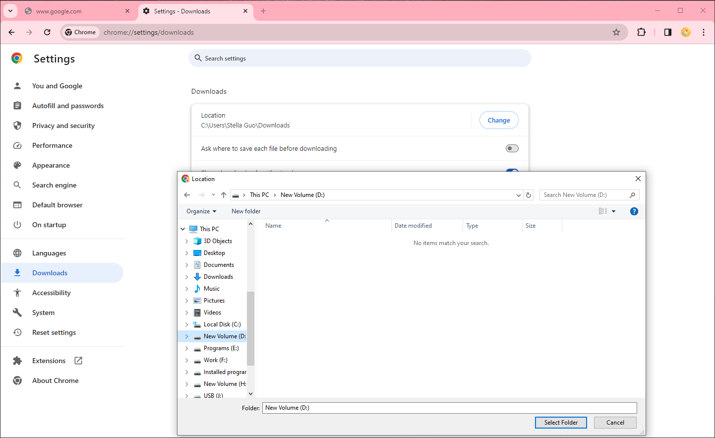 pilih folder Unduhan untuk menyetelnya sebagai folder Unduhan di Chrome