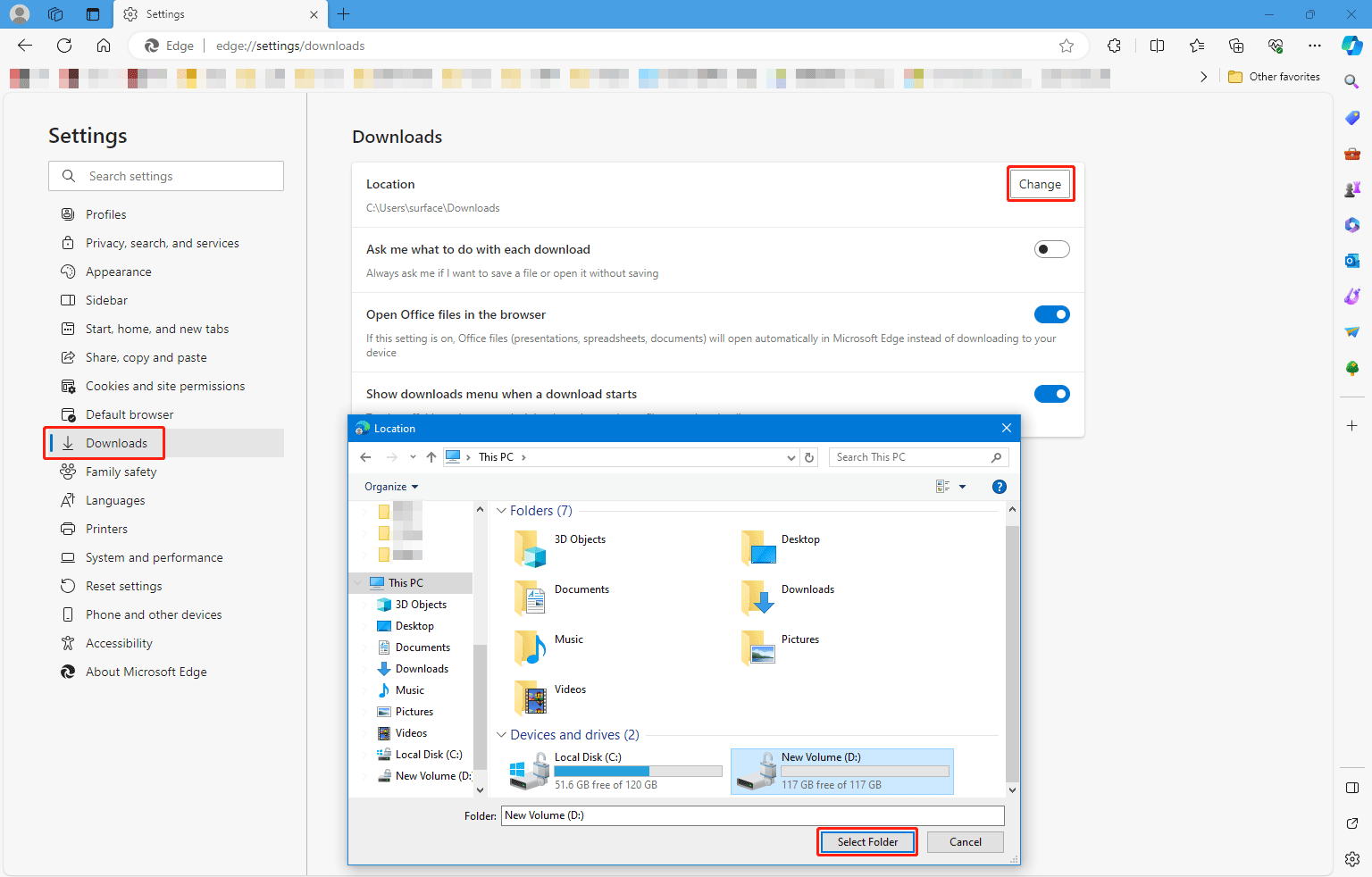 pilih folder Unduhan untuk mengaturnya sebagai folder Unduhan di Edge