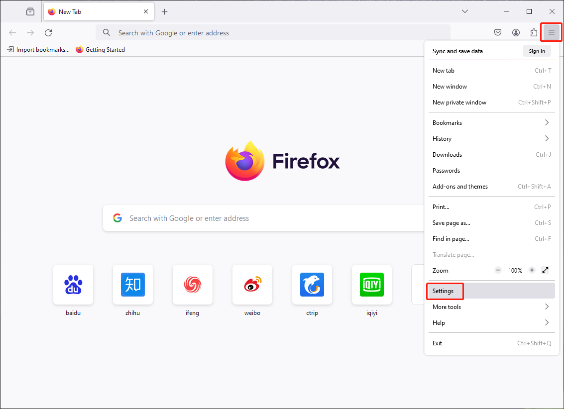 pilih Pengaturan di Firefox