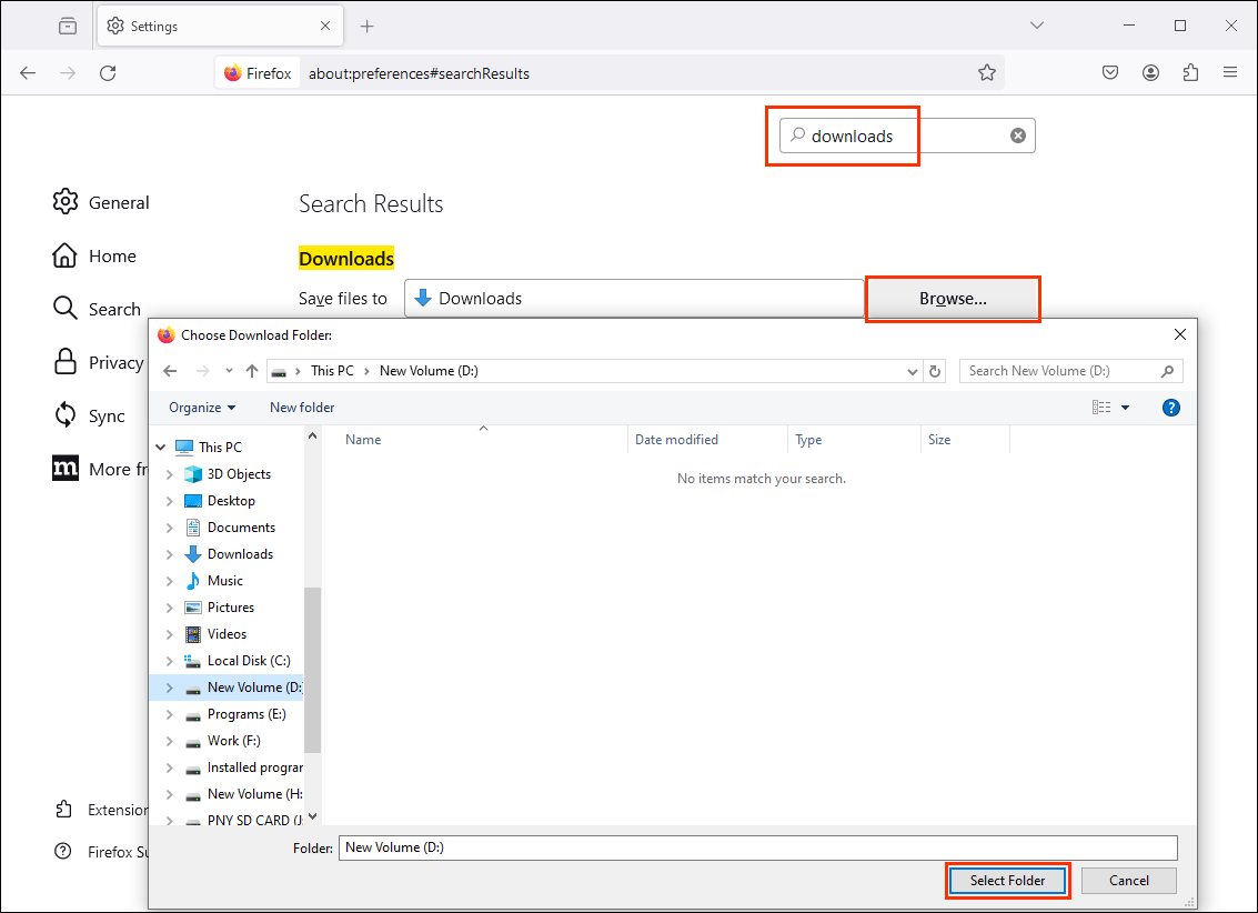 pilih folder Unduhan untuk menetapkannya sebagai folder Unduhan di Firefox