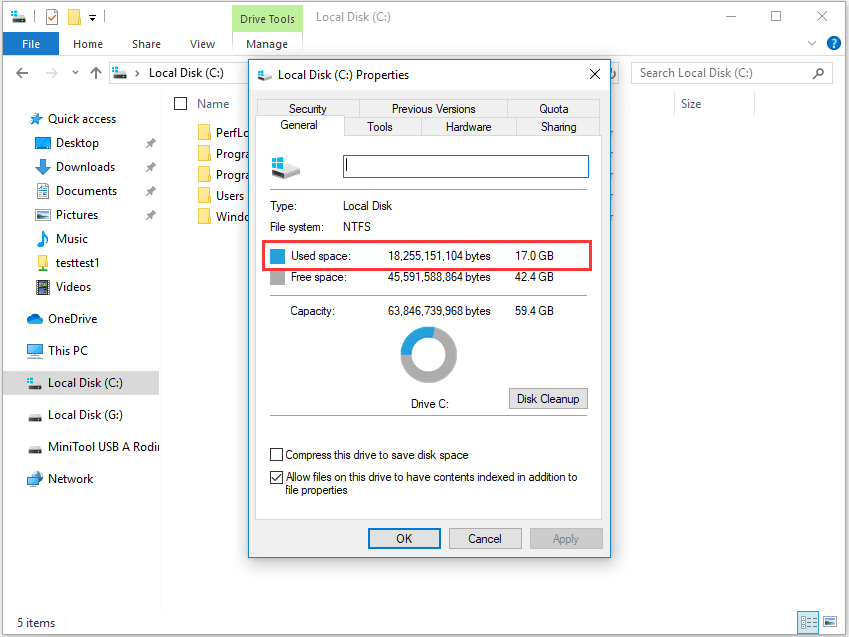 l'espace utilisé d'une partition est grand