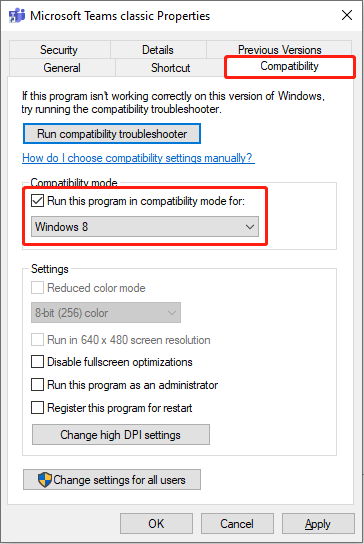 run the application in compatibility mode