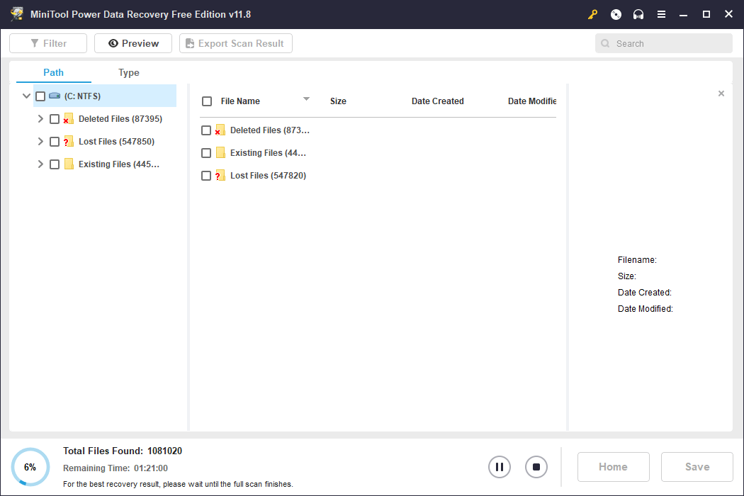 MiniTool Power Data Recovery is scanning