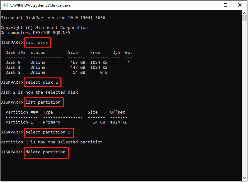 delete the NTFS partition using Diskpart