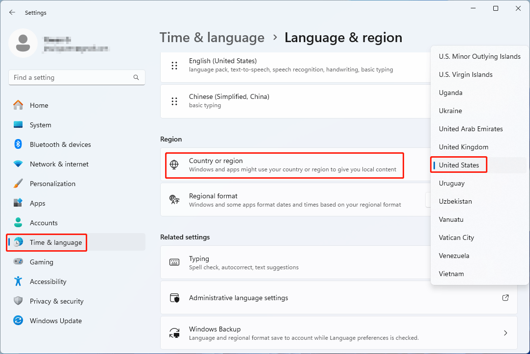 switch to United States for Country or region in Windows 11