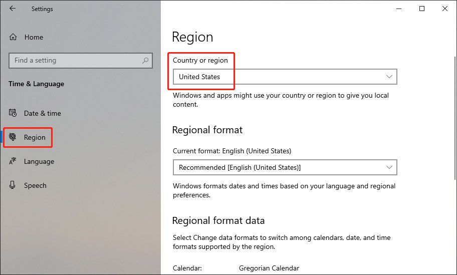 switch to United States for Country or region in Windows 10