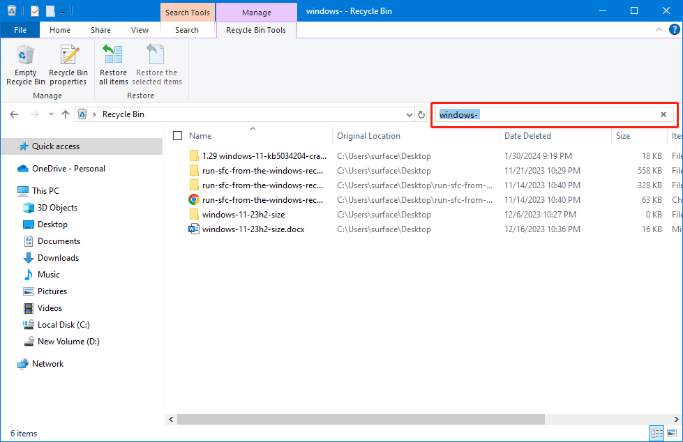 find the needed file using its name in the Recycle Bin