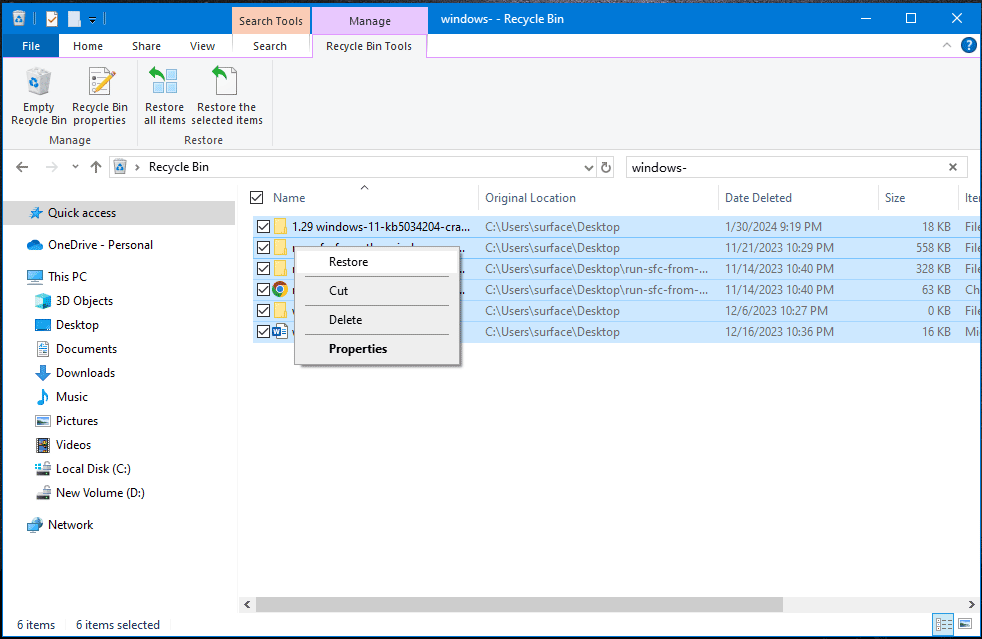 restore deleted files from the Recycle Bin
