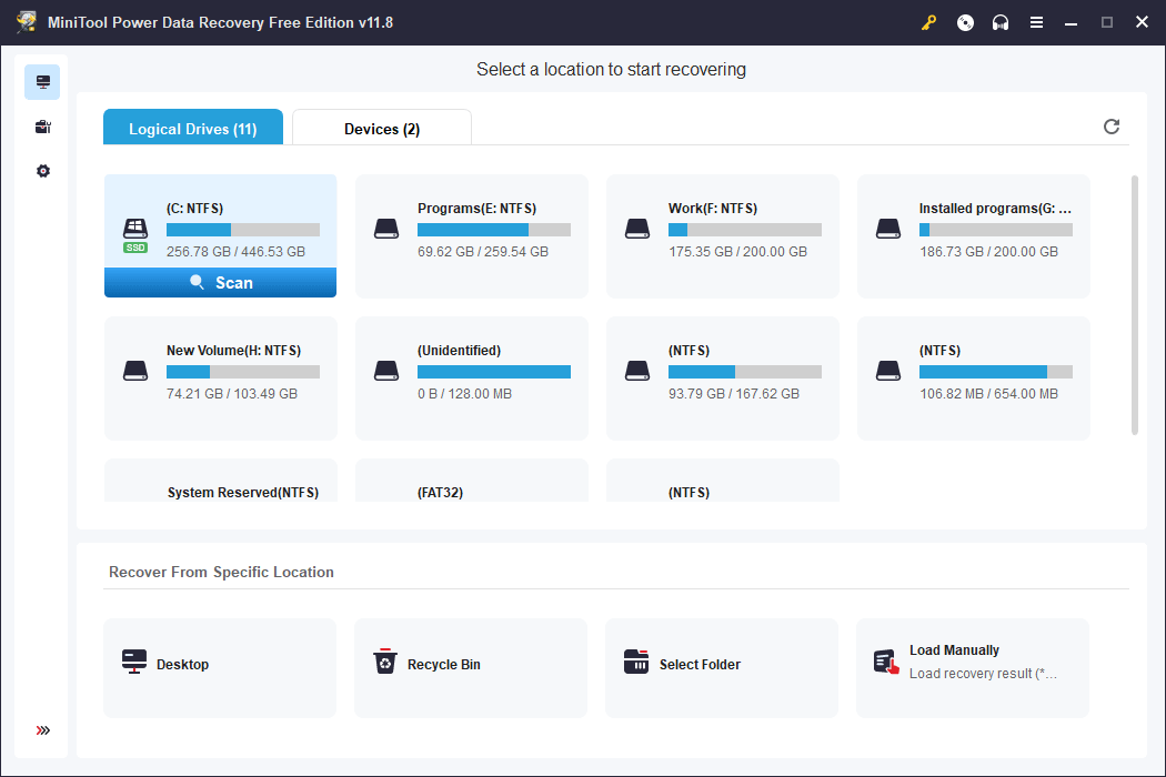 select the target drive to scan under Logical Drives