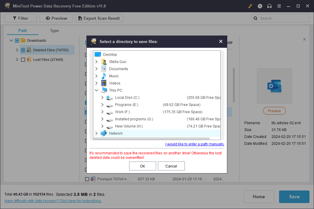 select a proper directory to save files