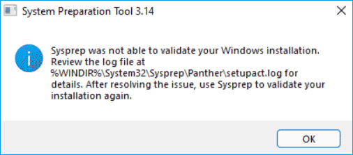 Sysprep tidak dapat memvalidasi instalasi Windows