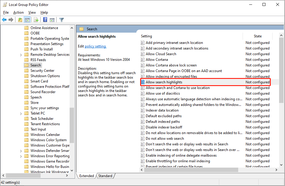 find the Allow search highlights policy