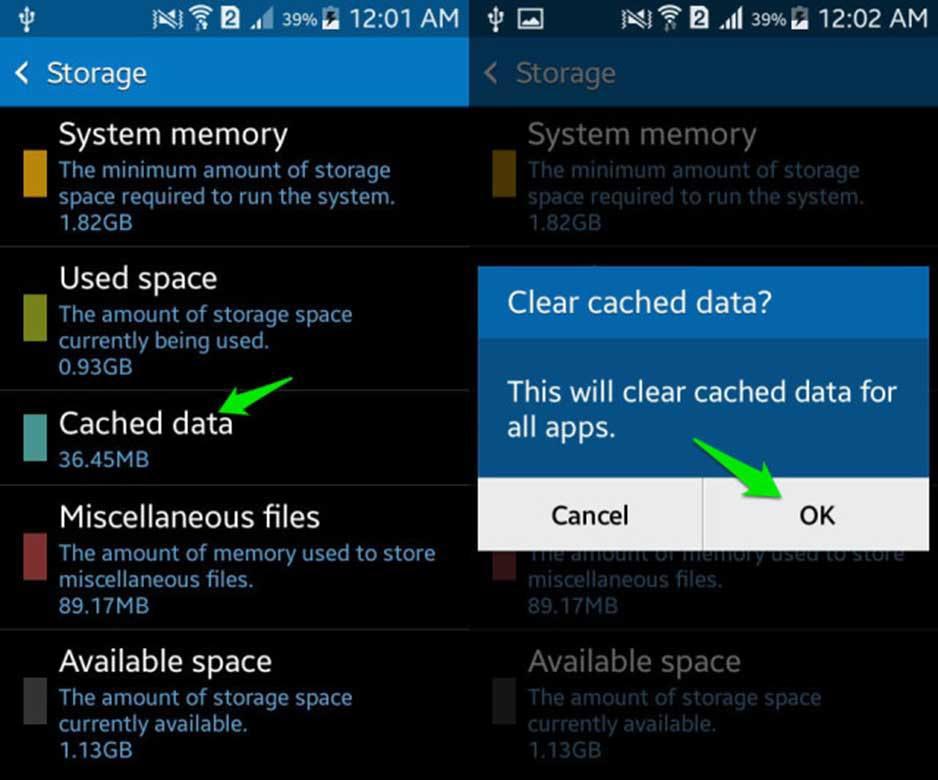 cancella i dati memorizzati nella cache per tutte le app