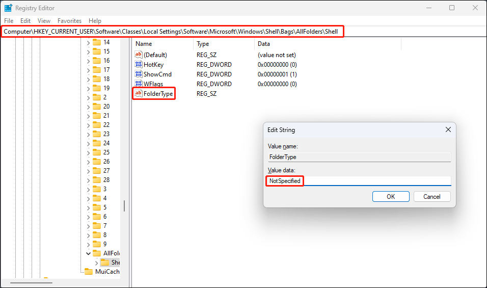 buat string FolderType dengan data nilai NotSpecified