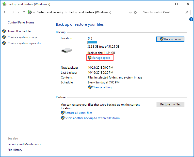 gerenciar o espaço em disco de backup do Windows com Backup e Restauração