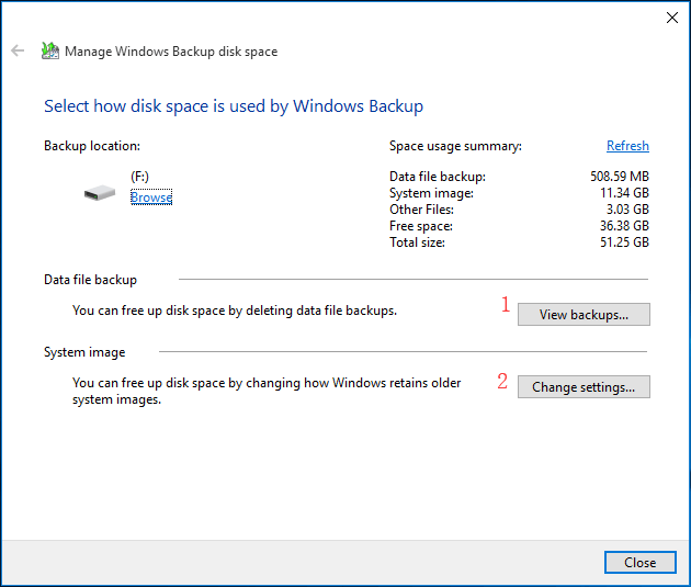 Janela Gerenciar espaço em disco do Backup do Windows