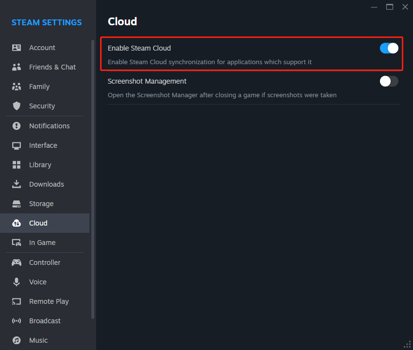 aktifkan atau nonaktifkan Steam Cloud untuk semua game