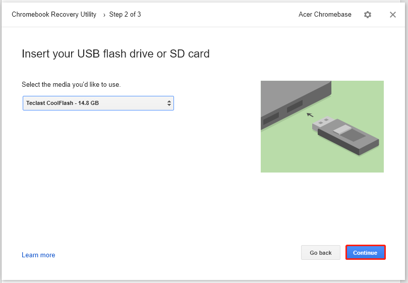 seleccione el USB y haga clic en Continuar