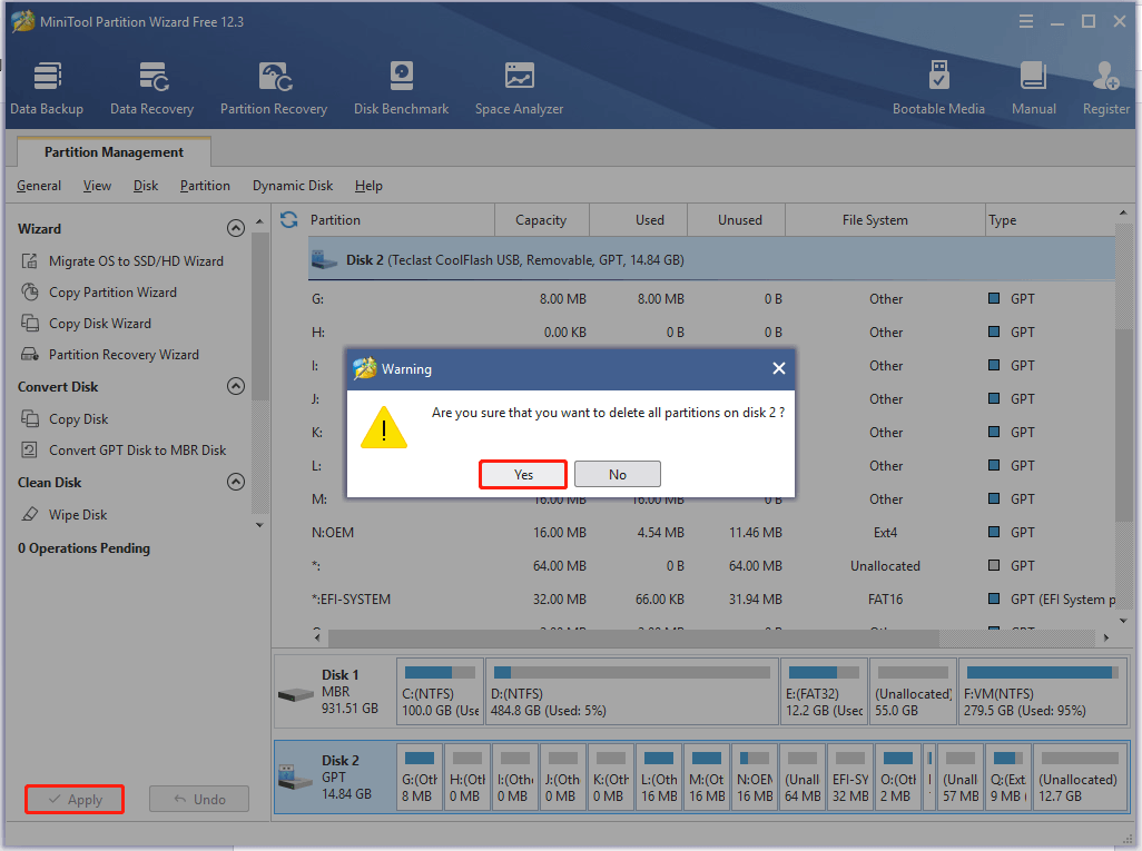 ejecute la operación de eliminar todas las particiones