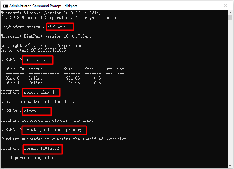 formatear unidad USB con símbolo del sistema