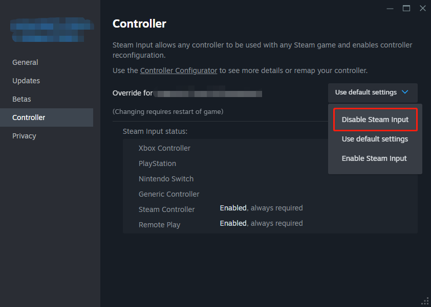 pilih Nonaktifkan Input Steam