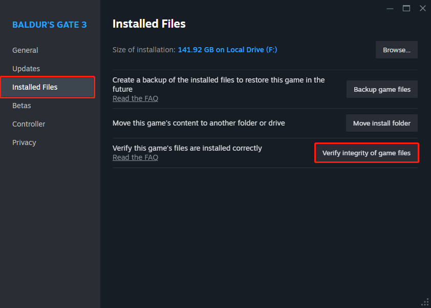 click the Verify integrity of game files option