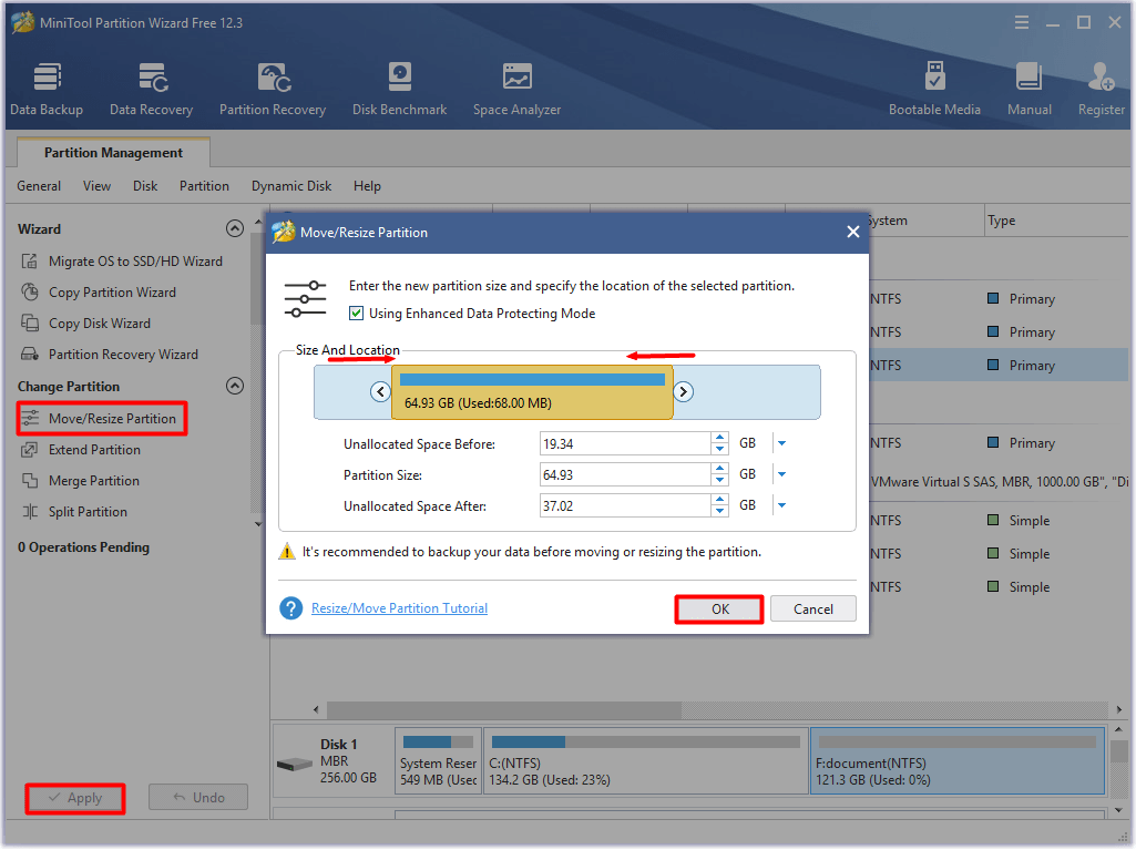 reduzir a partição de destino