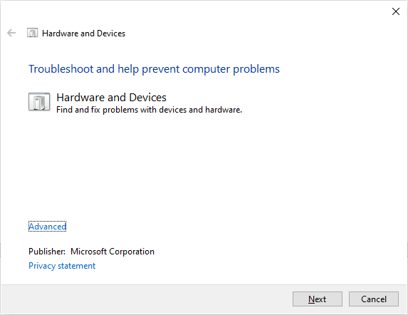 run the Hardware and Devices troubleshooter
