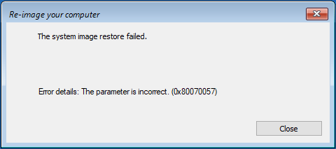 échec de la restauration de l'image système 0x80070057