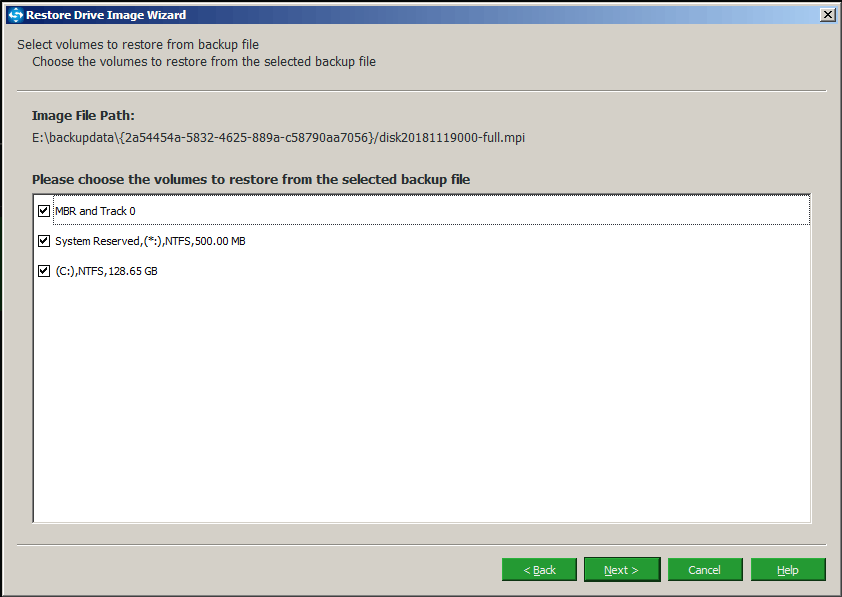 choisir les partitions à restaurer