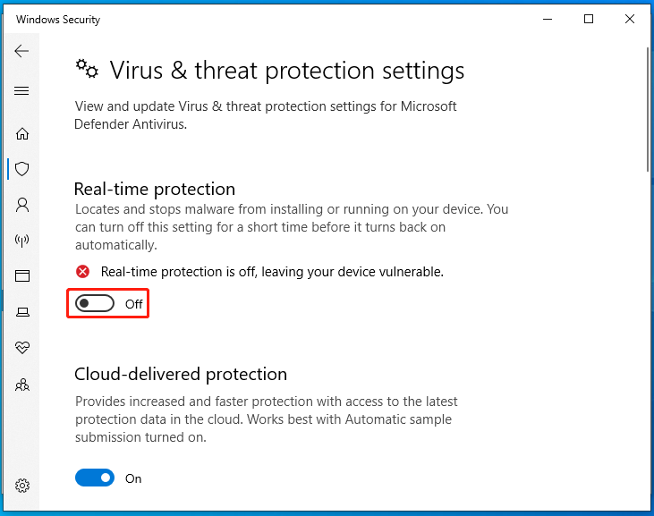 toggle off Real-time protection