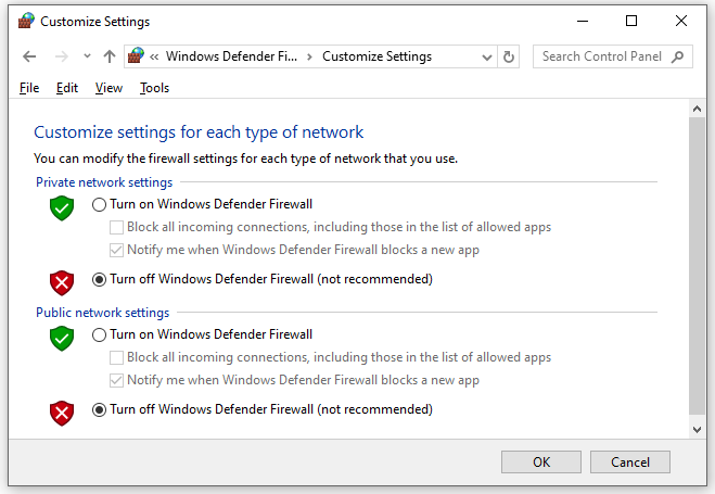 turn off Windows Defender Firewall