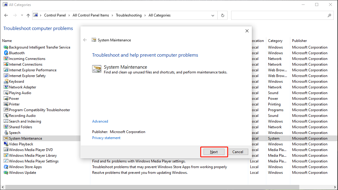 execute o solucionador de problemas de manutenção do sistema