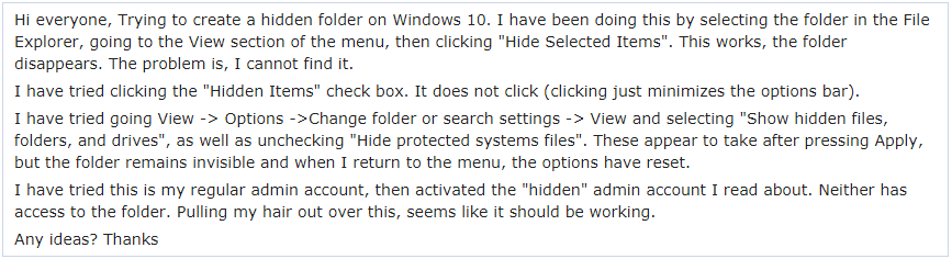 Windows 10 affiche un problème de fichiers cachés qui ne fonctionnent pas dans Reddit